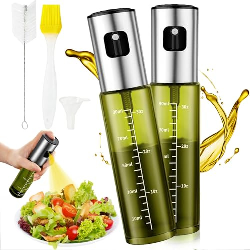 ChioSun 2 Stück Öl Sprayer Flasche, 100ml Öl Sprühflasche | Ölsprüher Zum Kochen, Olivenöl Glasflasche mit Zubehör, Sprühflasche für Küche, Salat, Brot, Grillen, Backen (Grün)