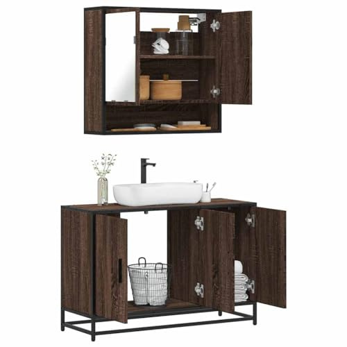 Holamys 2-TLG. Badmöbel-Set, Braun Eichen-Optik Holzwerkstoff, 90x33x60 cm Waschbeckenunterschrank, Wandmontage Spiegelschrank, Robustes Design
