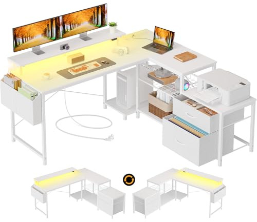 Seventable Schreibtisch L Form mit Ablageflächen, Gaming Tisch mit LED & Steckdosen, Computertisch mit Monitorständer für Homeoffice, Schlafzimmer, Wohnzimmer, Weiß