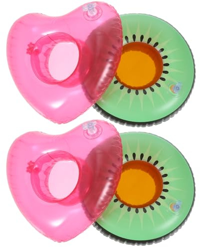 Kisangel Portavasos Inflables Flotantes para Piscina 4 Piezas, Diseño Kiwi y Corazón, Material PVC Resistente, Adecuado para Fiestas Acuáticas y Uso en Lagos y Playas, Juguete de Baño
