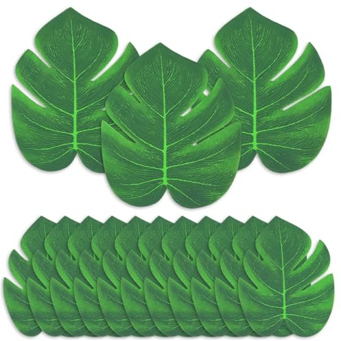 Yolev 60 hojas de palma tropicales artificiales con tallos de hojas verdes para decoración de selva, safari, playa, temática hawaiana, suministros de decoración de mesa de fiesta de cumpleaños