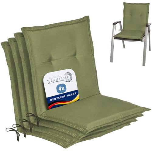 Beautissu 4er Set Niedriglehner Auflage Gartenstuhl mit Schaumkern Füllung | 100x50x6cm Olivgrün Sitzkissen Niederlehner Rückenkissen niedrig Stuhlkissen Kissen Gartenstuhlauflagen Sitzauflage Loft NL