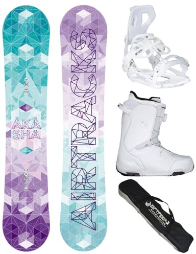 Airtracks Damen Snowboard-Set Akasha Flat Zero Rocker + Bindung Master W Fastec + Boots + Sb Bag 144 147 150 153 cm