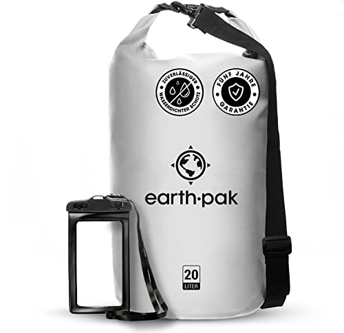 Earth Pak – Wasserdichter Packsack mit Schultergurt und wasserfester Handyhülle – Ideale Rolltop Tasche beim Kajak Fahren, Wandern, Camping, Angeln, Bootfahren und Rafting