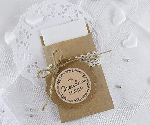 Freuden Tränen Taschentücher Set zur Hochzeit Groß 48 Sticker + 48 braune Flachbeutel - Kraftpapier - 63 x 93 mm für Freudentränen Taschentuch Verpackungen Aufkleber in NATUR SCHWARZ Kraftpapier Look