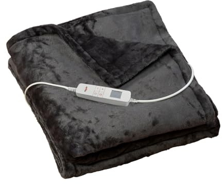 Grafner elektrische Wärmedecke 180 x 130 cm aus kuscheligem Flanell Plüsch, LCD-Display, 10 Temperaturstufen, 10 Stunden Timer, Schnellaufheizung, Überhitzungsschutz, waschbar, anthrazit, Kuscheldecke