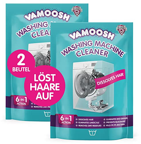 Vamoosh 6-in-1 Waschmaschinenreiniger & Entkalker, löst Haare auf, beseitigt schlechte Gerüche, entfernt Kalk, hinterlässt einen frischen Geruch, antibakterieller Tiefenreiniger, 2 Beutel 2 Waschgänge