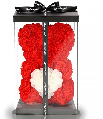 SPRINGOS - Orsacchiotto di rose con cuore, in confezione regalo con fiocco, statuetta di fiori artificiali, altezza 25 cm
