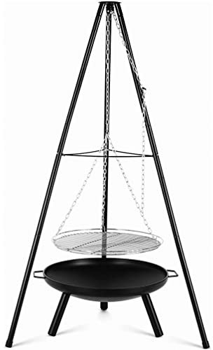 Angyu Barbecue portatile a tre gambe, rimovibile, multifunzione, girevole con catena regolabile in altezza (nero, 86 x 86 x 152 cm)