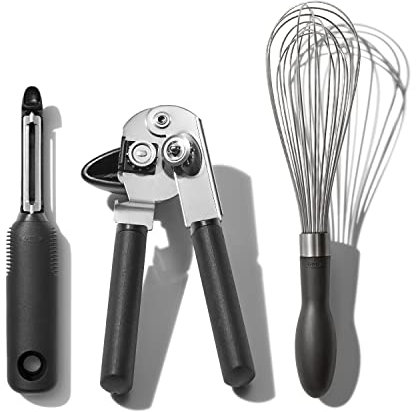 OXO Good Grips 3-Piece Everyday Kitchen Tool and Utensil Set, Swivel Peeler, Can Opener, Whisk [Amazon Exclusive]