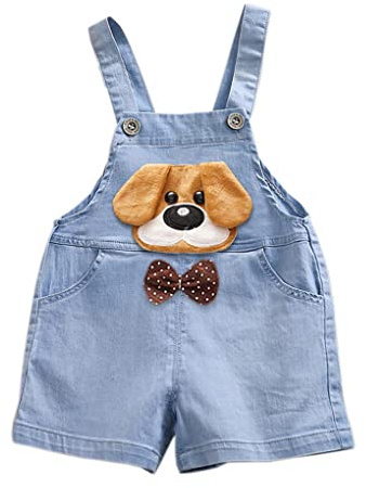 ACMEDE Salopette da Bambina Bebè Neonato Tuta di Jeans Estiva Carina in Denim Cotone Pantaloncini con Bretelle, Estivo Salopette Corta con 3D Motivo Cucciolo per Bebè 9 12 18 24 Mesi