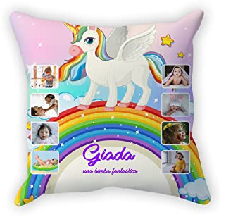 Overthetee Cuscino Neonata - NOME e FOTOGRAFIE Personalizzate - Unicorno - Arcobaleno - Cuscini Divano 40X40 - Femminuccia - Foto personalizzabili - Baby - Bimbo - Bimba - Neo Mamma Idea regalo