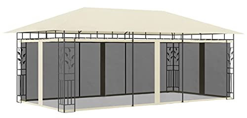 Homgoday Pavillon mit Moskitonetz Gartenpavillon Gartenlaube Partyzelt Gartenzelt Festzelt Sonnenschutz Pavillon für BBQ Event Party Garten Hof Terrasse 6x3x2,73 m Creme