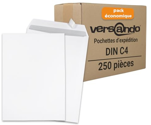 versando 250x Versandtaschen C4 ohne Fenster Haftklebend 229 x 324 mm | weiß: Briefumschläge für Büro, wichtige Unterlagen, blickdicht, einfach verschließbar (1 Karton)