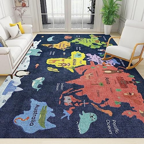 Teppich Wohnzimmer Weich rutschfest Waschbar Teppich, Tepiche Moderne 100 X 150 cm Design Carpet Fürs Wohnzimmer, Kinderzimmer, Schlafzimmer Blaue Weltkarte -3F8Z