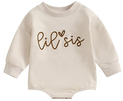 Geagodelia Ensemble de body à manches longues pour nouveau-né fille printemps automne col rond imprimé lettres imprimées pour petite grande sœur abricot 0-3 mois, Apricot Lil Sis, 3-6 mois