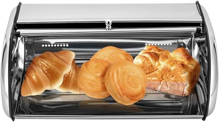 TRIEBAN Panera de acero inoxidable con tapa enrollable y orificios de ventilación para mostrador de cocina, almacenamiento de pan, mermelada, pan (10 L)