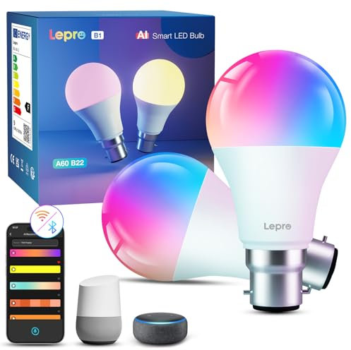 Lepro AI Smart Bulb B22, Music Sync Bayonet WiFi Bulb, Colors Changing Light Bulb Works with Alexa & Google Assistant, 806lm, Voice Control, Personalized AI Lighting Designer, 2 Packs