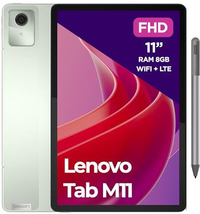 Lenovo Tab M11, Tablet Display 11 WUXGA (1920x1200), MediaTek Helio G88, RAM 8GB, 128GB, WiFi, 4G LTE, Android 13 - Seafoam Green, Penna Inclusa - Esclusiva Amazon