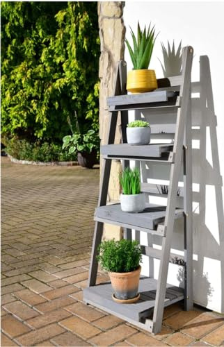 FAHAAM Grey 4 Tier Wooden Ladder Shelf For Garden Display Flower Plant Stands||Perfect for showcasing ornaments, decorative pieces & Plants||(42 x 33.5 x 111.5cm)