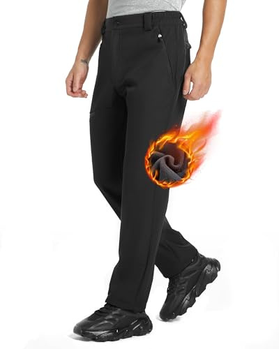 wantdo Men's Fleece Lined Hiking Pants Waterproof Insulated Winter Warm Softshell Ski Snow Outdoor Snowboard Pants Black XL