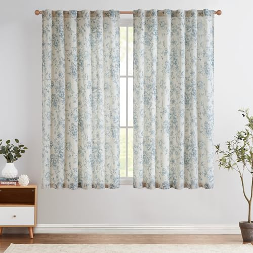TOPICK Floral Gardinen Leinenoptik Vorhänge 2er Set H175xB140 Blau Beige | Lichtdurchlässig Gardinen Wohnzimmer boho landhausstil blickdicht Vorhänge Schlafzimmer mit Tunnel und verdeckten schlaufen