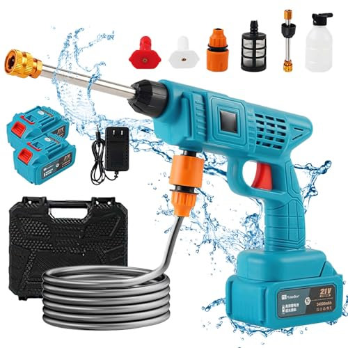 EagerMinds Nettoyeur Haute Pression 21V Portable sans Fil, 2x Batteries, Tuyau 10 M, 2 Buses Réglables, 4.1 L/min, 30 Bars, Alimenté par Pile