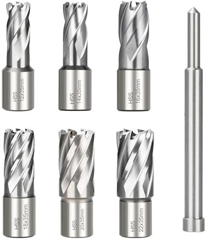 BALUGAEA 7 Stücke HSS Kernbohrer Satz, Weldon Bohrer Set, mit 19 mm Weldonschaft, Schneidedurchmesser: 12, 14, 16, 18, 20, 22mm Schnitttiefe 35mm mit Auswerfstift