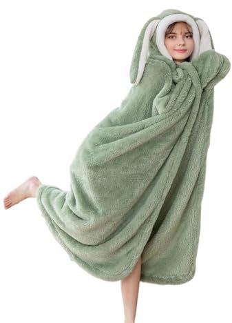 SASIGAYA Kuscheldecke mit Kapuze Tragbare Hasenohr Decke Geschenke für Damen Sofadecke Flauschig Kuscheldecke Sherpa Ärmeldecke TV-Decke Fleecedecke Weich Wohndecke Winterdecke Grün 110×150 cm