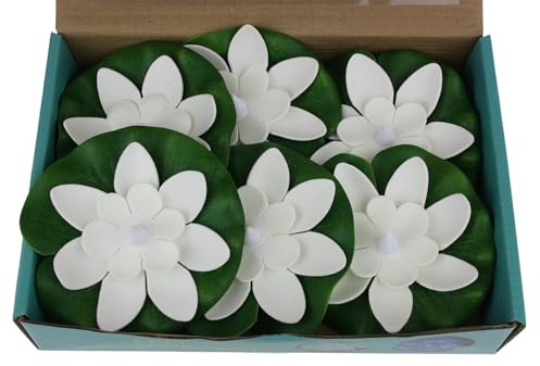 Emartbuy Set of 6 Floating LED Lotus Flower Lamps – Waterproof Flameless Candle Lights for Ponds, Bathtubs, Home Decor, Wedding & Festival Decorations (White & Green)