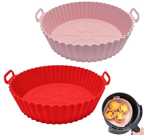 XoeLLe 2 Pezzi Teglia Silicone per Friggitrice ad Aria, Accessori Friggitrice ad Aria, Cestino per Friggitrice ad Aria in Silicone Air Fryer Accessori Pentola Applicabile Microonde (Rosa Rosso)