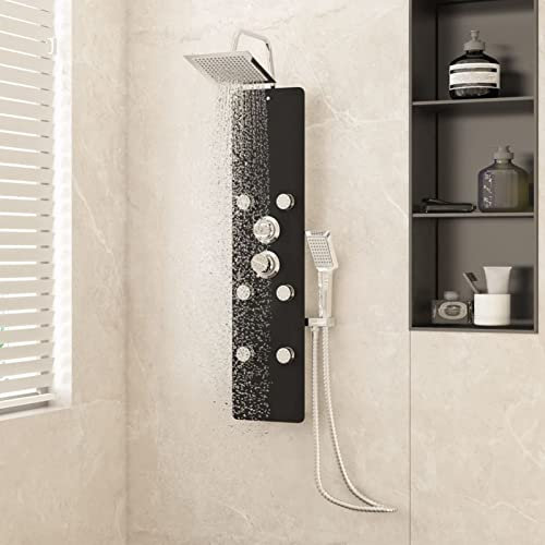 Xichuzi Duschpaneel, Duschsäule, Regendusche, Duscharmatur Regendusche, Duschsystem, Dusche Armaturen, Regenwasserdusche, Glas 25x47,5x130 cm Schwarz