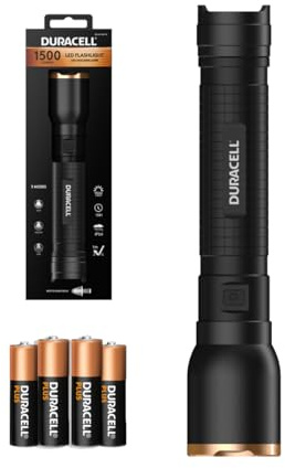 Duracell DF1500 Core LED Torch - 1500 Lumens, Focusable, 180 m Beam Range, 4 x AA Batteries Included, Various Light Modes, Splash-Proof, Robust Housing, Ready to Use