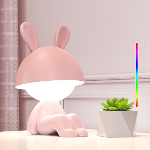 FemKey Nachtlicht Kinder, LED Nachttischlampe Touch 7 Modi RGB Farbwechsel & Warmes Licht, Tischlampe Aufladbar Dimmbar Typ-C, Nachtlampe Rosa Hase für Mädchen