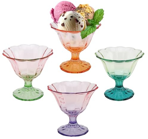 10 Oz Glass Ice Cream Bowls Set of 4, Colored Clear Dessert Bowl Footed | Drinking Cups Trifle Dish Parfait for Sundae, Dessert, Candy, Fruit, Ice Cream, Snack Puddings, Assorted Colors