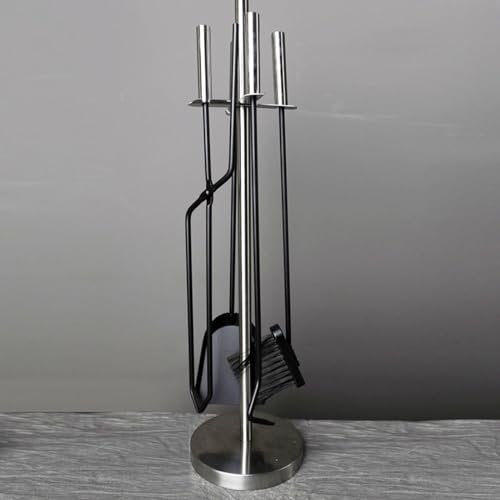 Lot de 5 outils de cheminée modernes avec pince, tisonnier, pelle et support en métal pour poêle à bois et foyer