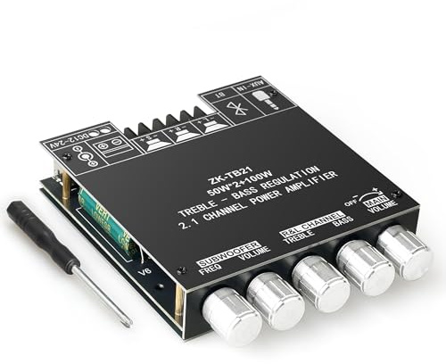 ZK-TB21 Power Amplifier Board Bluetooth5.1 TPA3116 Chip with Subwoofer 2.1 Channel 50W×2+100W, DC 12-24V Bluetooth and AUX Inputs