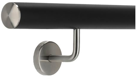 TIBU Pasamanos de aluminio negro 30 – 600 cm, pasamanos de pared para escaleras soporte de acero inoxidable en ángulo, longitud 70 cm con 2 soportes y tapa ligeramente curvada
