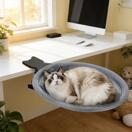 Iptienda Katzenbett Schreibtisch, Schreibtisch Katzenbett 360° Drehbar – Katzenhängematte mit Stabilem Klemmsystem, Ohne Bohren, Platzsparend, Abnehmbar & Waschbar (Grau)