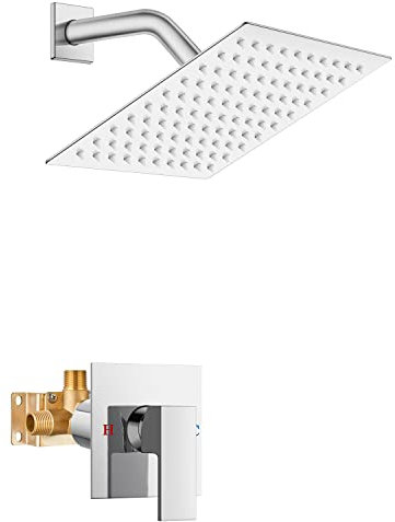 Shower Juego de grifo de ducha de níquel cepillado, de ducha tipo lluvia de acero inoxidable SUS304, cabezal de ducha cuadrado de 8 pulgadas, función única, manija única con válvula empotrada, kit de