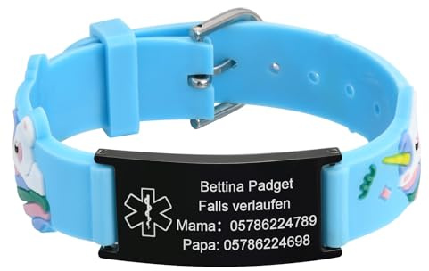 Notfallarmband Kinder SOS Armband Silikon - Personalisiert Anti Verloren Armbänder mit Gravur für Name Telefonnummer, Personalisiertes Wasserfest Kinderarmband Medizinisches Armband für Jungen