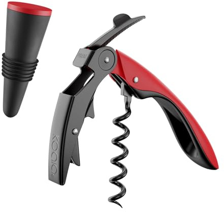 Set de Vino con Sacacorchos Profesional de Dos Tiempos, Tapón de Silicona Color Rojo y Funda de Terciopelo – Regalo Solidario | Rojo, Acero Inox, acabado mate, 4,5x2,5x19,5cm