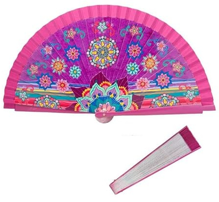 DRW Handfächer aus Holz, dekoriert mit rosafarbenen Mandalas, 42 cm, Rosa, Medidas