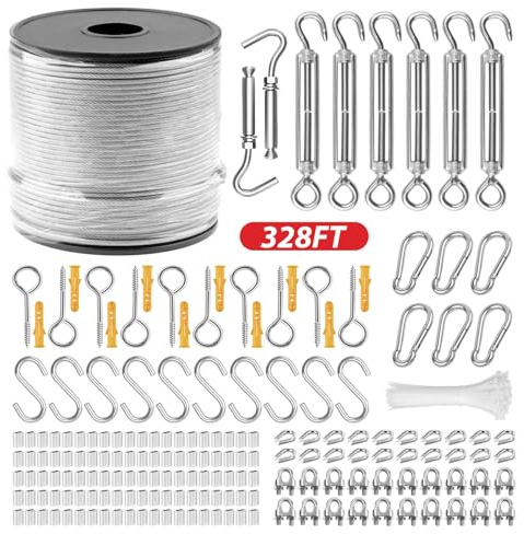1/16 Stainless Steel Cable, 328ft Aircraft Wire Rope Kit, with M5 Turnbuckles, Hooks, Clamps, Aluminum Sleeves, Thimbles, 7x7 Steel Clothes Line Wires 368lbs Breaking Strength (Silver, 1/16 328FT)