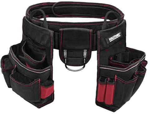 HAUTMEC Heavy Duty Tool Belt, 20-Pocket Tool Pouch with Reinforced PVC Base, 1680D Work Belt with Padded Waist Support, Drill Holder, Hammer Loop & Tape Clip for Construction (HT0177)