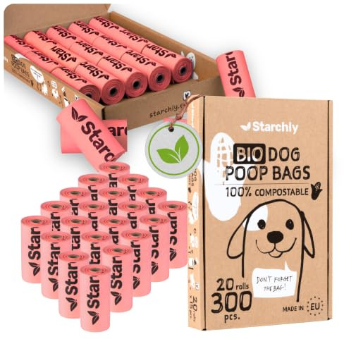Starchly 300 Stück Hundekotbeutel biologisch abbaubar - 20 Rollen Kotbeutel für Hunde - Bio, Kompostierbare Beutel aus Maisstärke - 15 pro Rolle - Reißfest, Auslaufsicher, rosa - MADE IN EU