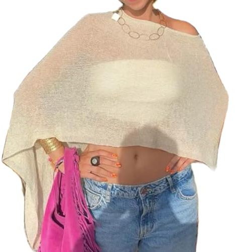 Caziffer - Top Sheer Phncho da donna in maglia a rete con uncinetto, bolero, coprispalle, scialle, top a spalla unica asimmetrico, Bianco crema., Etichettalia unica