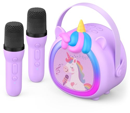 Kinder Karaoke Maschine Einhorn mit 2 kabellosen Bluetooth Mikrofonen | Kompaktes Musikspielzeug, ideal als Geburtstagsgeschenk für Mädchen ab 6 Jahren für Zuhause und Kinderpartys