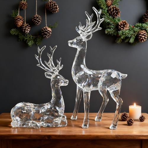 EverZenHub Christmas Reindeer Figurines - Resin Deer Statues for Home Décor, Xmas Tabletop Decor, Fireplace Mantel, Shelf & Cabinet Ornaments (Set of 2 Elk Sculptures)