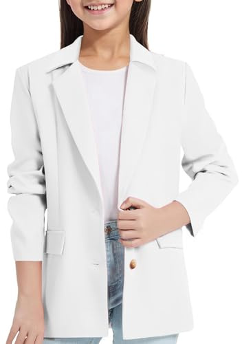 Generisch Veste blazer 2026 pour fille, manches longues, col à revers avec poche intérieure, ouvert sur le devant, costume blazer décontracté pour enfants femmes crop top, Blanc., 11-12 ans